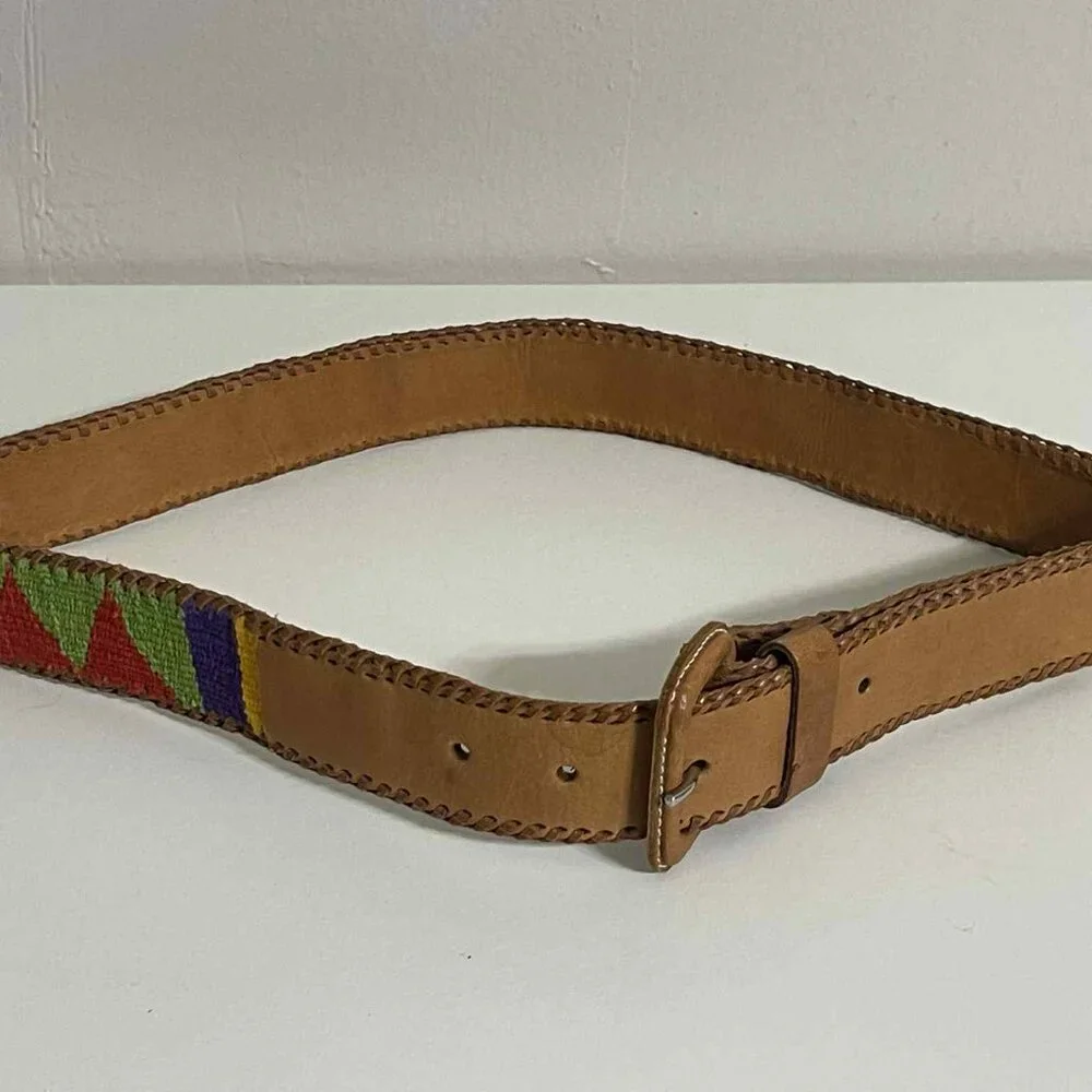 Ethnic Hispanic Guatemalan Made Serape Textured Leather Tooled belt‎ 28”-31” S/M